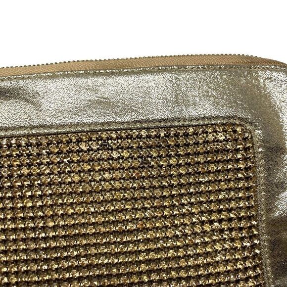 Deux Lux large Clutch metallic gold suede leather with gold diamonds BoxU - Picture 4 of 5